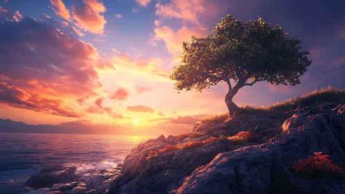 Solitary coastal tree over luminous painterly sunset sky.