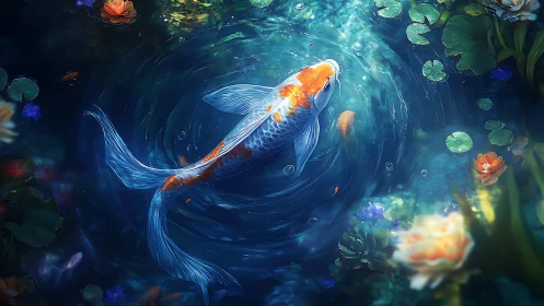 Digital koi pond study with luminous ripples and lilies.