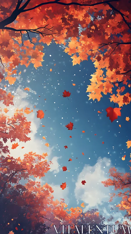 Skyward whirl of autumn leaves over a cloud-bright hush.