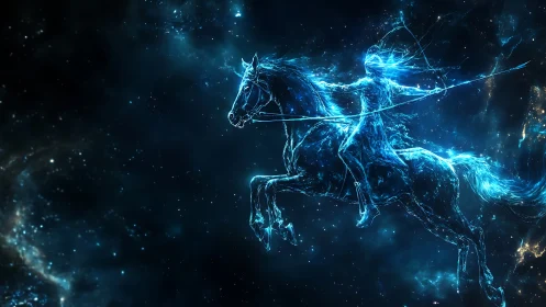 Celestial archer astride luminous cosmic stallion.