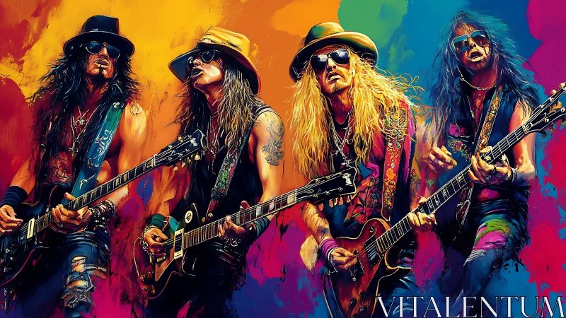 Rock guitar quartet shred under neon paint storm.