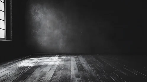 Minimalist dark room with light streaks on wooden floor.
