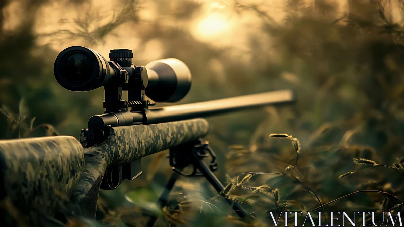Camouflaged sniper rifle in soft golden field light.