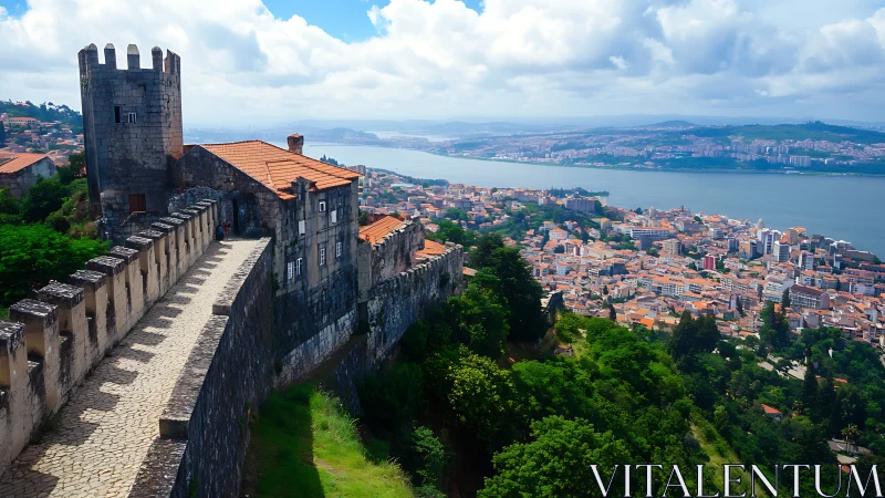 Hilltop castle walkway above sunlit riverside cityscape.