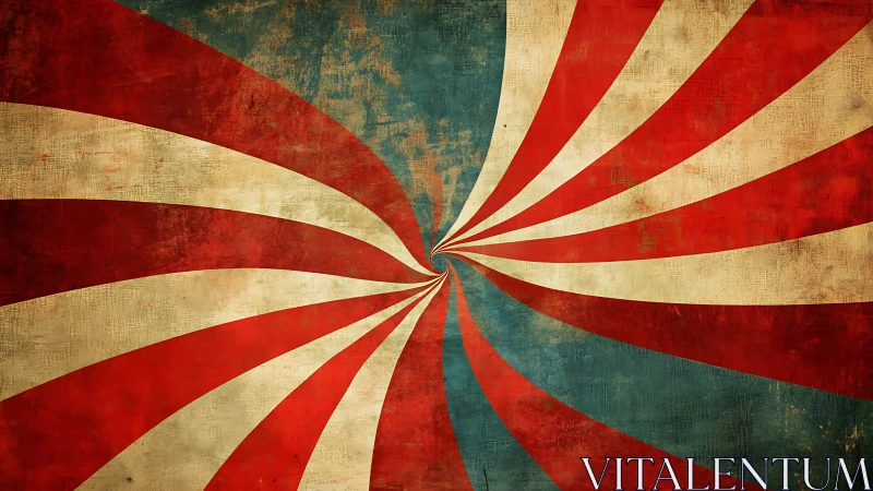 Radial red and beige striped vortex on distressed background.