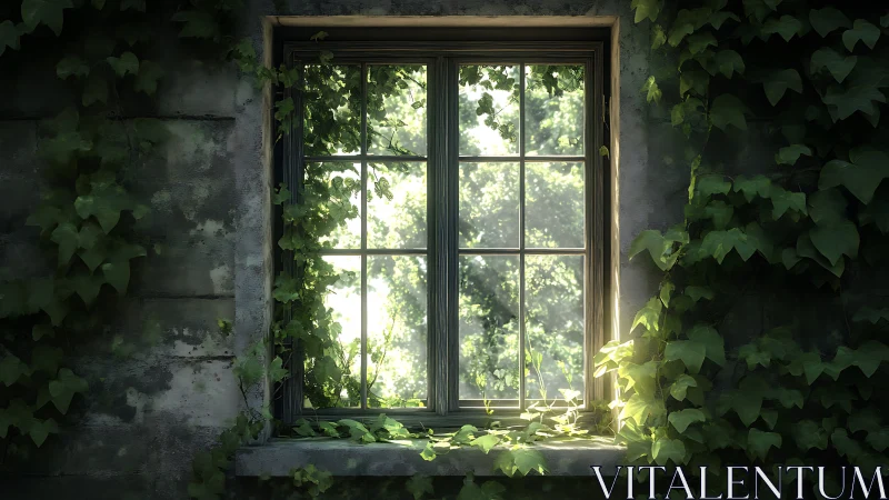 Sunlit ivy envelops an aging mullioned window in soft bloom