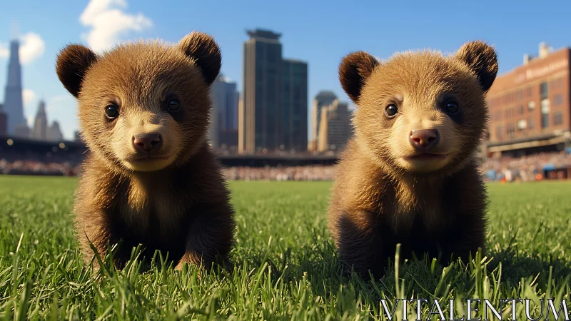 Two bear cubs on grass with urban stadium backdrop.