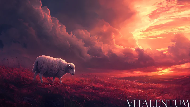 Solitary sheep on hillside under dense red sunset sky.