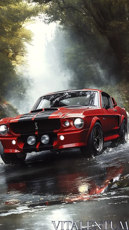 Crimson Shelby muscle car drifting on rain slick forest road.