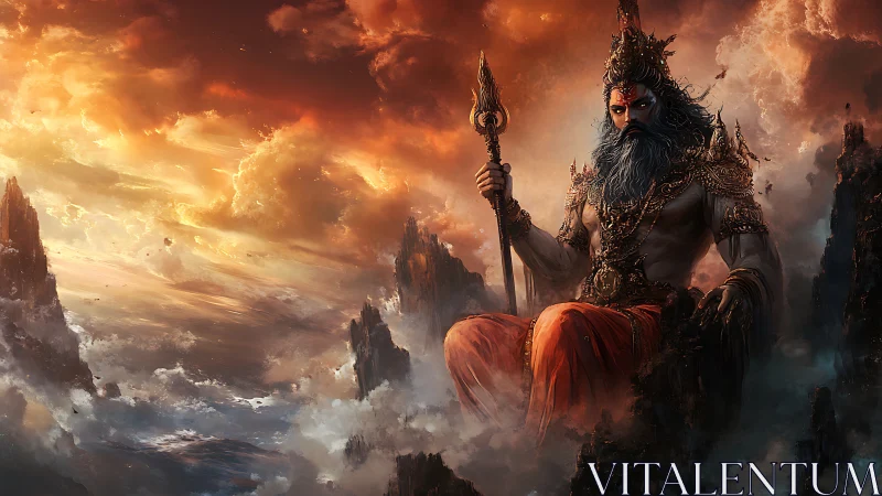 Seated armored deity amid clouded mountains at sunset.