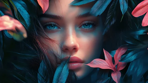 Midnight bloom unveils a luminous gaze between neon leaves