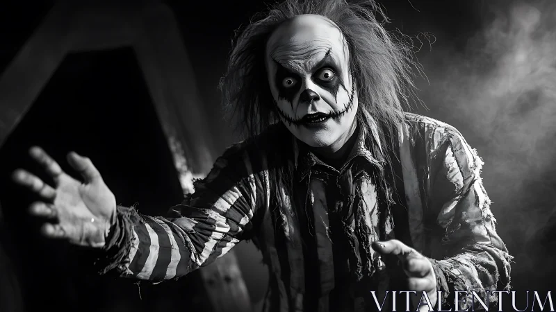 Monochrome horror portrait of creepy clown lunging forward