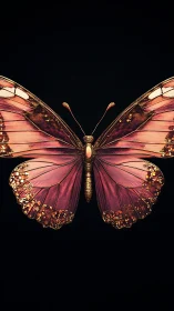 Iridescent ruby butterfly with gilded wings on black field.
