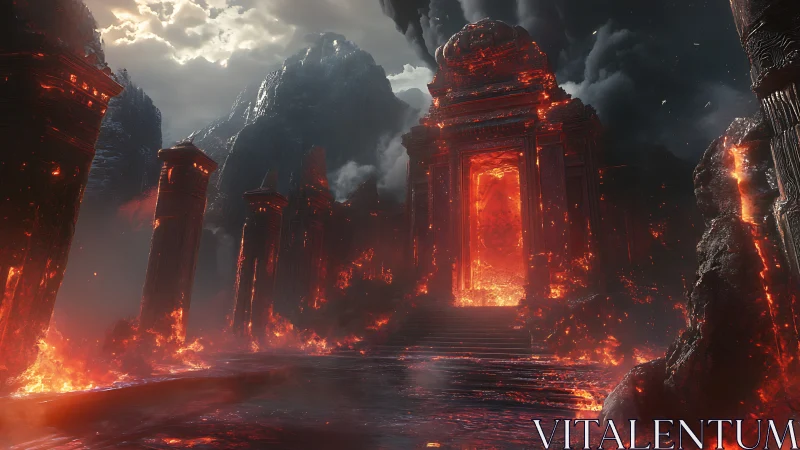 Infernal lava gate towers over molten volcanic temple ruins