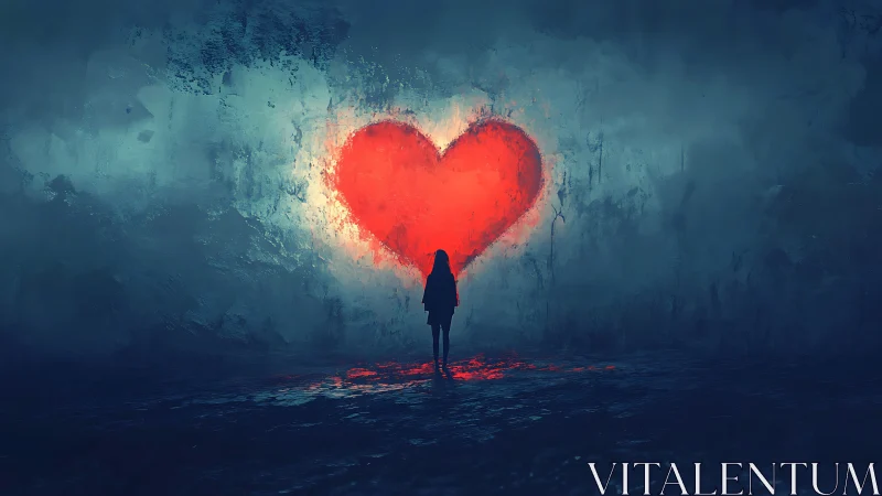 Solitary Figure Observing Luminous Red Heart Against Teal Atmospheric Void