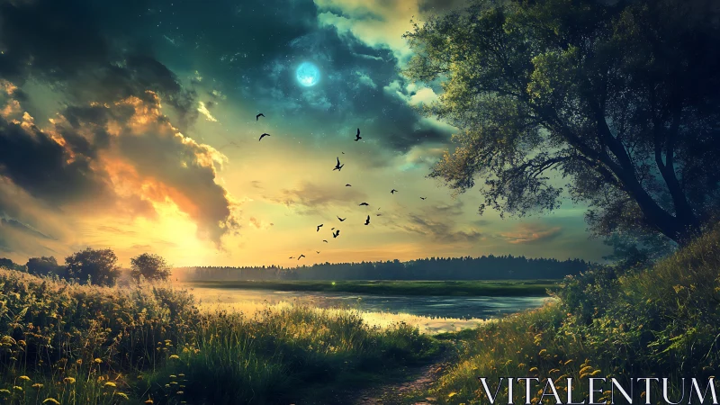 Landscape shows riverbank meadow under dramatic twilight sky