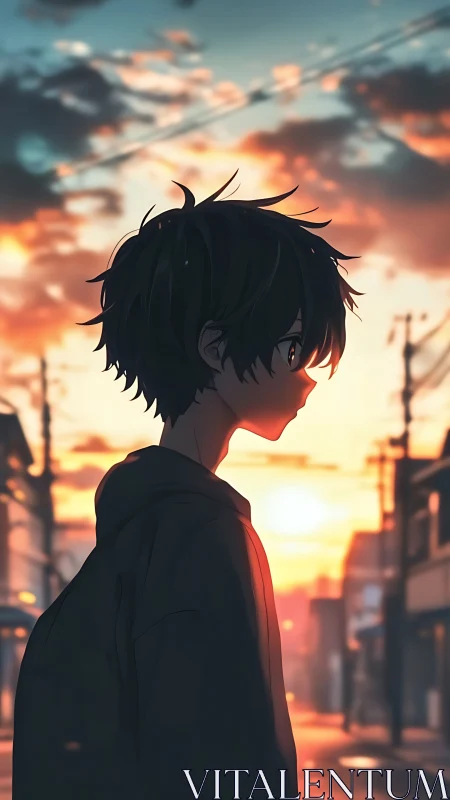 Teen boy silhouette in hoodie on quiet sunset street.