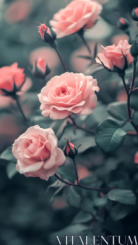 Pink roses in various bloom stages with dark buds and muted green foliage.