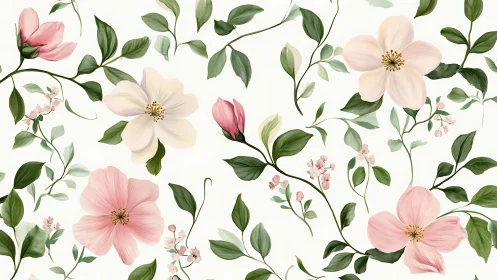 Botanical Floral Composition with Pink Blossoms and Verdant Foliage.
