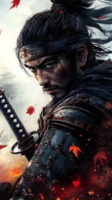 Battle-worn samurai portrait with katana, embers, and maple leaves.