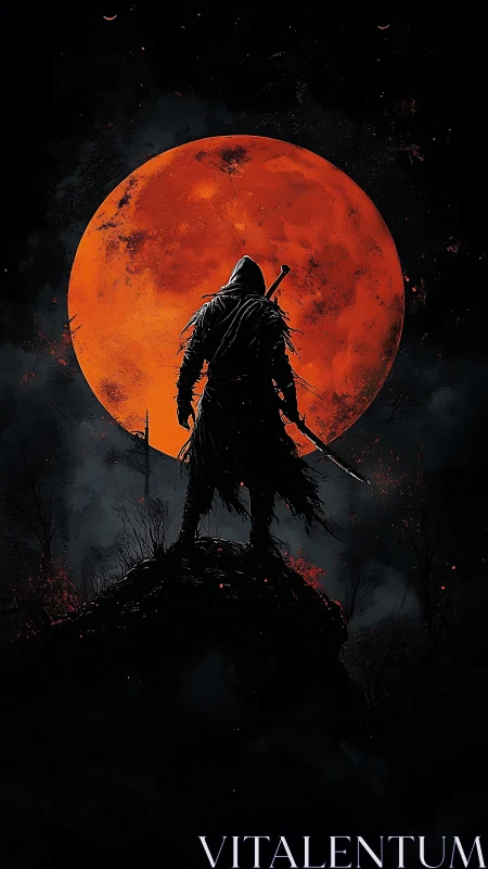 Blood moon crowns the lone shadow warrior on the ridge