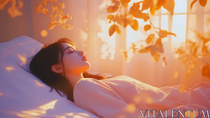 Woman resting in warm sunrise light on soft white bed.