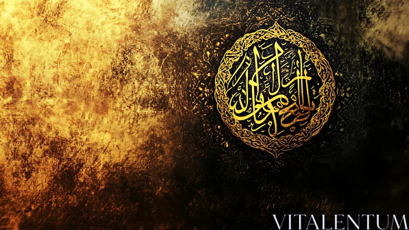 Gilded Arabic calligraphy haloed by molten twilight textures.