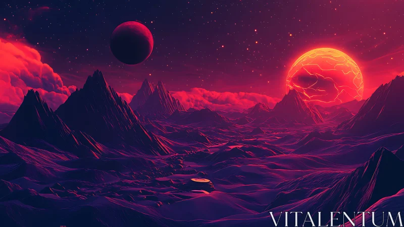 Twin alien suns melt neon mountains into liquid starlight