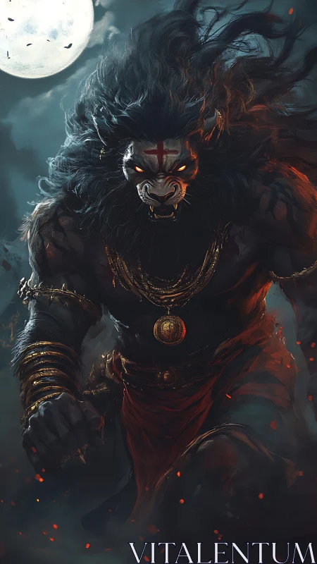 Fierce moonlit guardian strides through swirling embers.