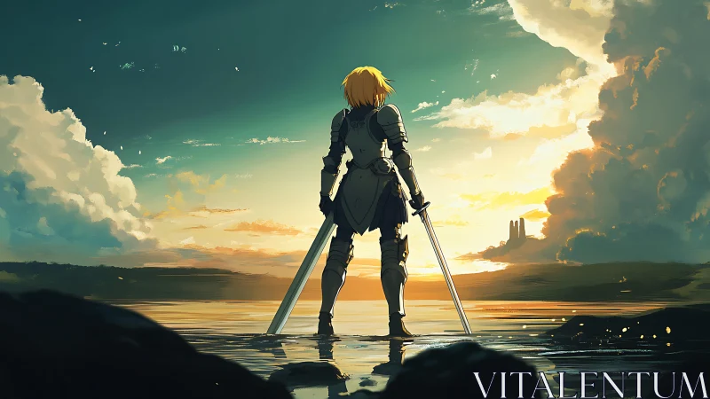 Lone knight greeting sunrise with twin swords and quiet hope.