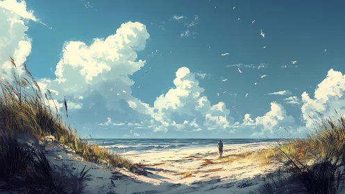 Solitary figure on windswept coastal dunes under cumulus sky