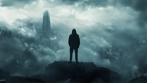 Solitary hooded observer above submerged megacity cloudscape.