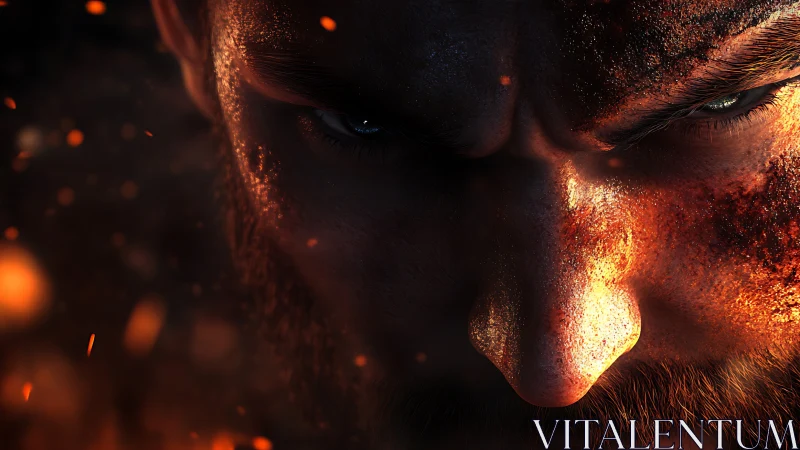 Ember-lit warrior locks eyes with the storm inside