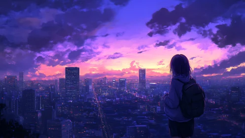 Anime twilight cityscape with contemplative rooftop figure.