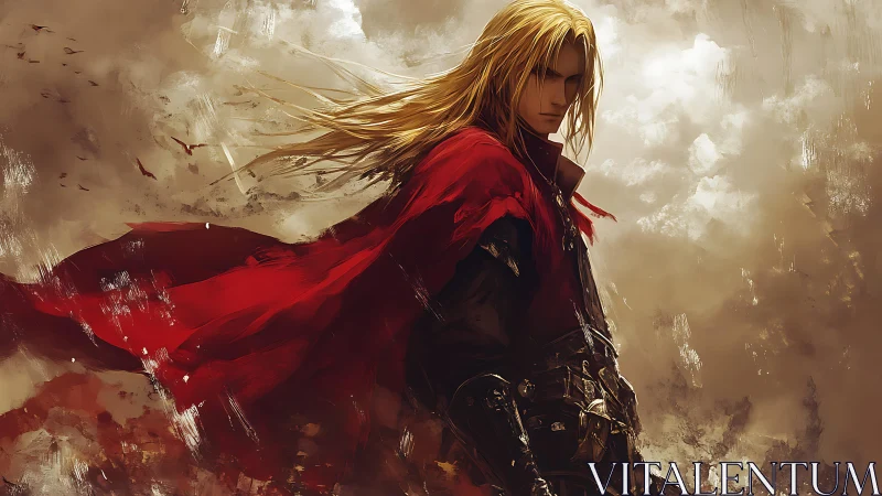 Wind‑swept blonde swordsman in red cloak against storm sky