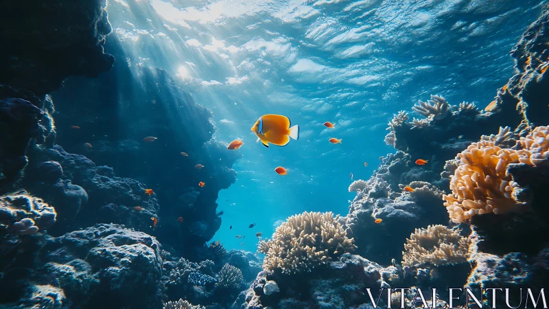 Tropical reef fish glide through sunlit underwater canyon.
