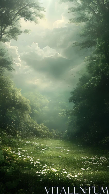 Luminous Forest Cathedral: Clouds Embrace Ancient Shadows.