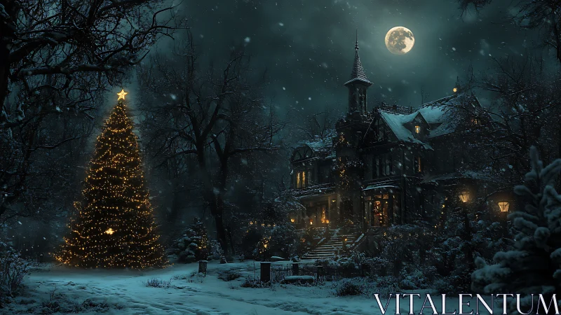 Victorian house and lit tree in snowy nighttime landscape.
