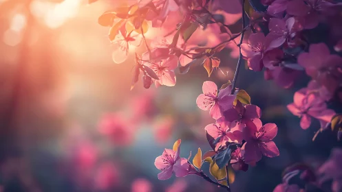 Glowing pink flowers bathed in warm golden sunlight and dreamy bokeh.