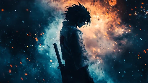 Lone anime swordsman stands amid blazing blue inferno sky.