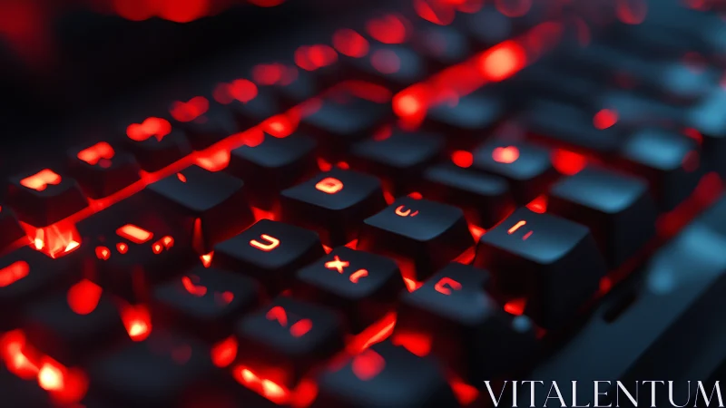 Photoreal mechanical keyboard with crimson backlit keyscape.