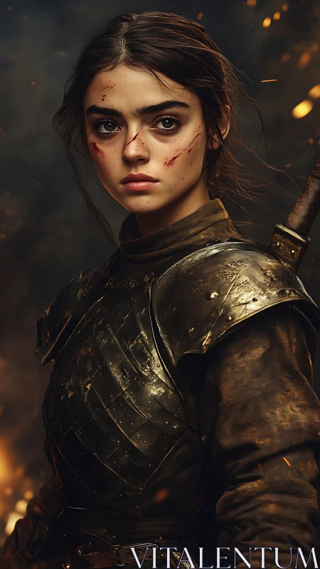 Battle-scarred young warrior in scorched bronze armor.