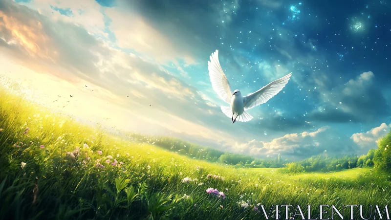 White bird flies over illuminated meadow under sky gradient