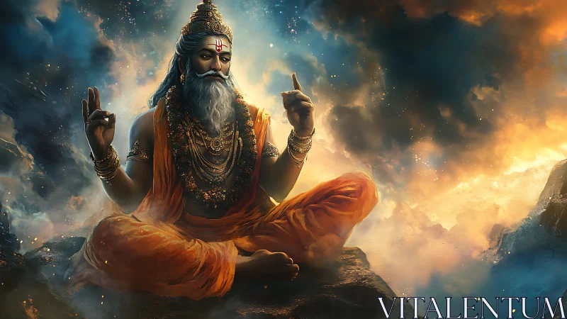 Digital painting of meditative sage in celestial clouds.