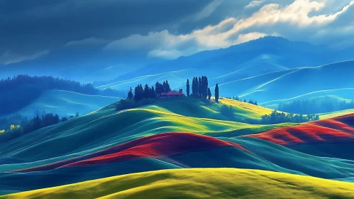 Vibrant rolling hills glow under storm-lit mountain sky
