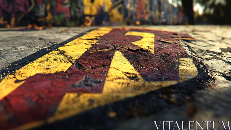 Weathered yellow and red pavement marking occupies foreground