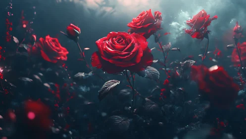 Crimson Roses Dance Through Mystical Light.