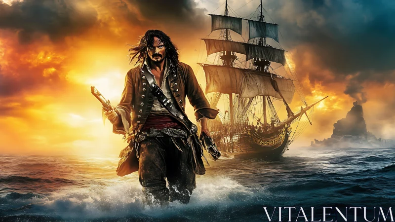 Stormlit pirate captain advancing from frigate at sunset