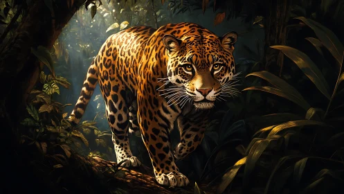 Majestic Leopard Prowling Through Misty Jungle Shadows.
