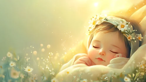 Digital painting of sleeping baby in floral, sunlit cradle.